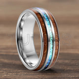 Dome Polishing Three Grooves Hawaiian Koa Wood Abalone Shell Inlay 8mm Tungsten Ring
