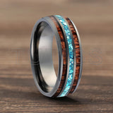 Inlaid Hawaiian Koa Wood Sky Blue Crystal Stone 6/8mm Tungsten Carbide Rings