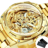 New Square Gold Skeleton Automatic Engraved Movement Luxury Stainless Steel Mechanical Watches - The Jewellery Supermarket