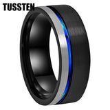 New Arrival 8MM Black Blue Offset Grooved Brushed Tungsten Carbide Wedding Ring for Men Women - The Jewellery Supermarket