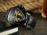 New Arrival Top Brand Hollow Bar Scale Mechanical Triangle Design Black Leather Strap Mechanical Watches for Men