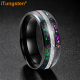 Rainbow Opal and Bright Meteorite Inlay 8mm Tungsten Carbide Men’s Women’s Ring