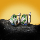 Handmade Enamel Green Bamboo Leaves AAA Zircon Diamonds Silver Earrings