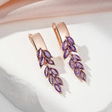 Luxury 14K Rolled Rose Gold Purple AAA Zircon Crystals Leaf-Shaped Dangle Earrings For Women - Fashion Jewellery