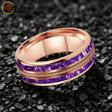 Purple Crystal Stone and Guitar String Inlay 8mm Tungsten Carbide Rings Men Women