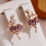 Admirable Rolled 14K Rose Gold Purple Dancer Design AAA Zircon Crystals Luxury Drop Earrings - Fashion Jewellery