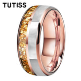 Dome Double Groove Inlaid Golden Crystal Stone Mother Of Pearl Shell 6/8mm Tungsten Ring