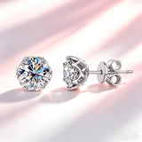 Classic Moissanite Diamonds Flower Stud Earrings 925 Silver with Six-Prong Setting