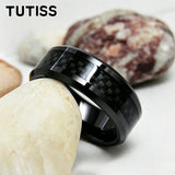 Black Carbon Fiber Inlay Beveled Edge Polished Multicolor Tungsten Carbide Rings