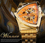 New Mechanical Watch Fashion Business Golden Stainless Steel Brand Waterproof Triangle Skeleton Wrist Watches