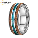 Inlaid Whiskey Barrel Wood and Blue-Green Opal 6/8MM Men Women Tungsten Rings