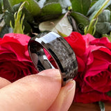 Carbon Fiber Inlay Beveled Polished Classic 8MM Men Women Tungsten Carbide Rings