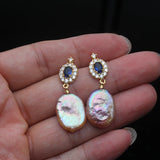 Genuine Big Baroque White Pearl AAA Zircon Diamonds Gold Plated Earrings