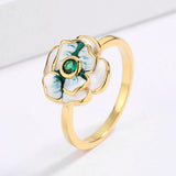 Fashionable AAA Zircon Handmade Enamel Elegant Green Flower Shape Rings