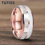 Dome Double Groove Inlaid With White Opal Stone Mother Of Pearl Shell Tungsten Rings