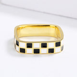 Hand Made Checkerboard Simple Black and White Enamel Plaid Open Ring