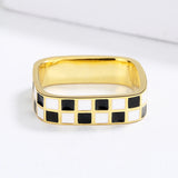 Hand Made Checkerboard Simple Black and White Enamel Plaid Open Ring