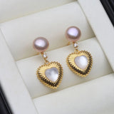 Fluted Heart Real Multicolour Pearls AAA Zircon Diamonds Silver Stud Earrings