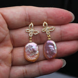 Beautiful Real Big Natural Baroque Pearl AAA Zircon Diamonds Drop Earrings