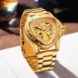 New Original Triangle Skeleton Automatic Mechanical Sport Stainless Steel High End Luxury Men Gold Tone Watches