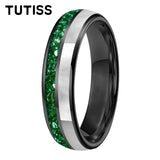 Dome Double Groove Inlaid With Green Crystal Stone Mother Of Pearl Shell Tungsten Rings
