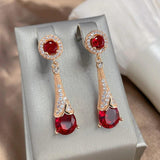 Luxury Water Drop 14K Rolled Rose Gold AAA Zircon Ruby/Emerald Dangle Earrings For Women - Fine Jewellery