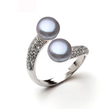 Exquisite Real Pink Black White Purple Grey Pearl AAA Zircon Diamonds Silver Rings