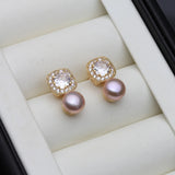 Square Setting AAA Zircon Diamonds Hanging Natural Multicolour Pearls Stud Earrings