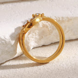 18K Gold Plated Stainless Steel Creative Design Shiny Rhinestone Moon Star Ring
