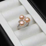 Genuine Pink Black White Purple Grey Real Silver AAA Zircon Diamonds Pearl Rings
