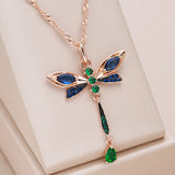 14k Rolled Gold Blue AAA Zircon Crystals Dragonfly Vintage Pendant Necklace For Women