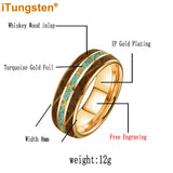 Whiskey Wood And Turquoise Gold Foil Inlay Unisex Tungsten Carbide Unisex Rings