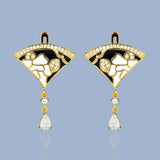 Exquisite Scalloped Flower Handmade White Black Enamel Zircon Diamonds Tassel Earrings