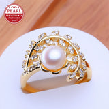 Real Pearl Inside a Floral-Inspired cup AAA Zircon Diamonds 18KGP Rings