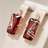 14 Karat Rolled Gold Luxury Square AAA Red Zircon Crystal Women's Long Dangle Earrings
