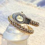 Snake Head Embellished Crystals Hollow-Out Woven Steel Bracelet Women's Watch