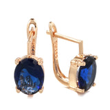 14K Gold Filled Geometric Oval Cut Dark Blue AAA Zircon Crystals Clip Elegant Earrings