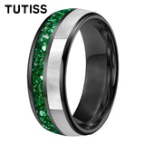 Dome Double Groove Inlaid With Green Crystal Stone Mother Of Pearl Shell Tungsten Rings
