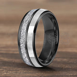 Dome Double Groove Inlaid Meteorite Mother Of Pearl Shell Tungsten Carbide Rings