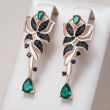 Gorgeous 14K Rolled Gold Green With Black AAA Zircon Crystals Flower Drop Earrings