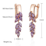 Luxury 14K Rolled Rose Gold Purple AAA Zircon Crystals Leaf-Shaped Dangle Earrings For Women - Fashion Jewellery