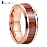 Rosewood Koa Wood Inlay Beveled Polished Finish 8mm Men Women Tungsten Wedding Rings