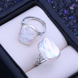 Flat-Sided Irregular Big Button Baroque Pearl Silver Colour Adjustable Rings