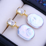 Natural Big Baroque Pearl AAA Zircon Diamonds Gold Colour Drop Earrings