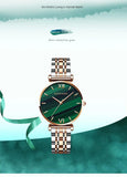 New Elegant Ladies Watch with Quartz Movement Green Peacock Stone Dial  Casual Leather Rose Plated Gold Watches