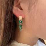 14 Karat Rolled Gold Vintage Green AAA Zircon Crystals Leaf Luxury Dangle Earrings