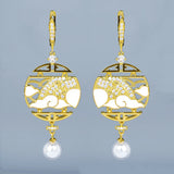 Fashion Handmade Enamel Round White Pendant Inlaid Pearl Gold Colour Earrings