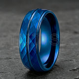 Black Blue Hammered 8mm Tungsten Carbide Wedding Engagement Rings