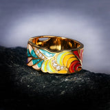 Feather Handmade Enamel Golden Colour Zircon Diamonds Fashion Ring