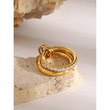 18K Gold Plated Minimalism Glossy Shine Stainless Steel White Cubic Zirconia Inlaid Double Layer Ring